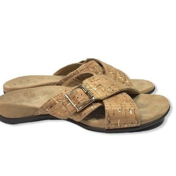 VIONIC Dorie Slide Sandals Gold Cork Buckle Women's 10 - Picture 1 of 12